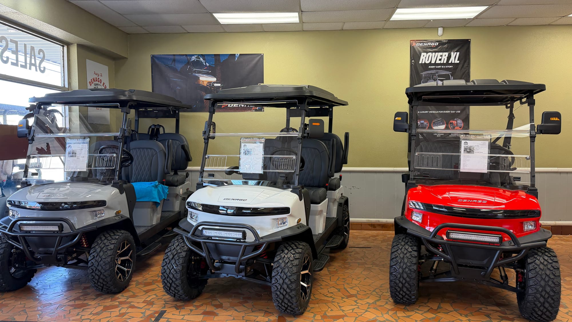 Denago EV Rover XL models on display inside Salty Frye's showroom